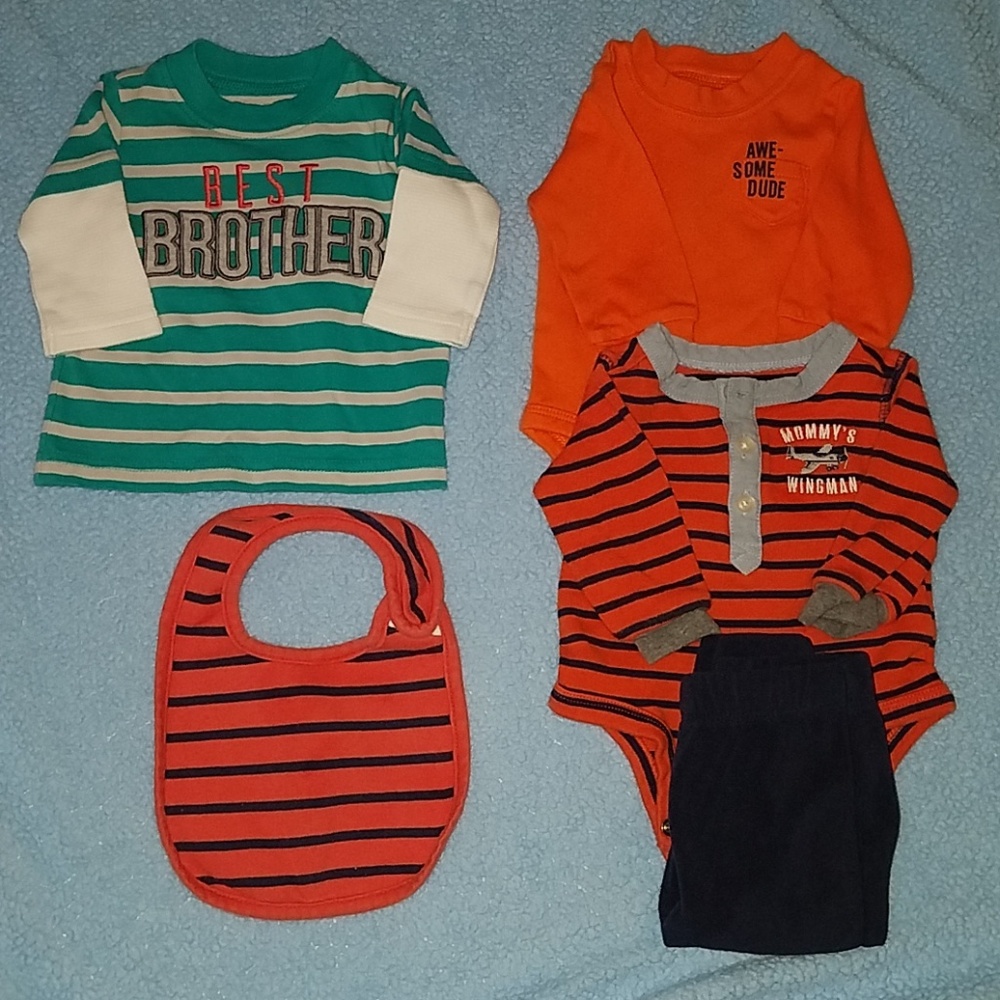 ALL long sleeves, 1 shirt, 2 onesies, bib, pants